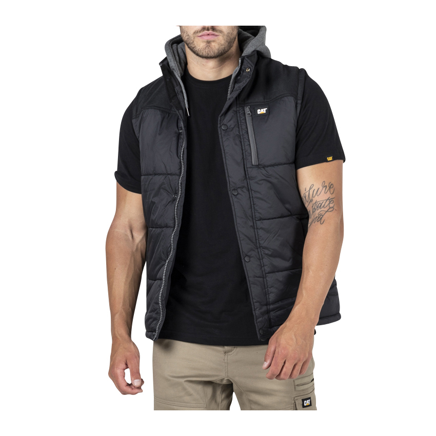 Caterpillar Clothing South Africa - Cat Men's Hooded Work Vests Black OQ8564920